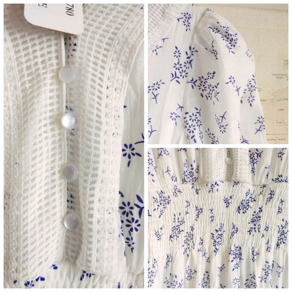 SOLD NEW White and Blue Floral Shirred Prairie Maxi Dress, Size S - Picture 4 of 8